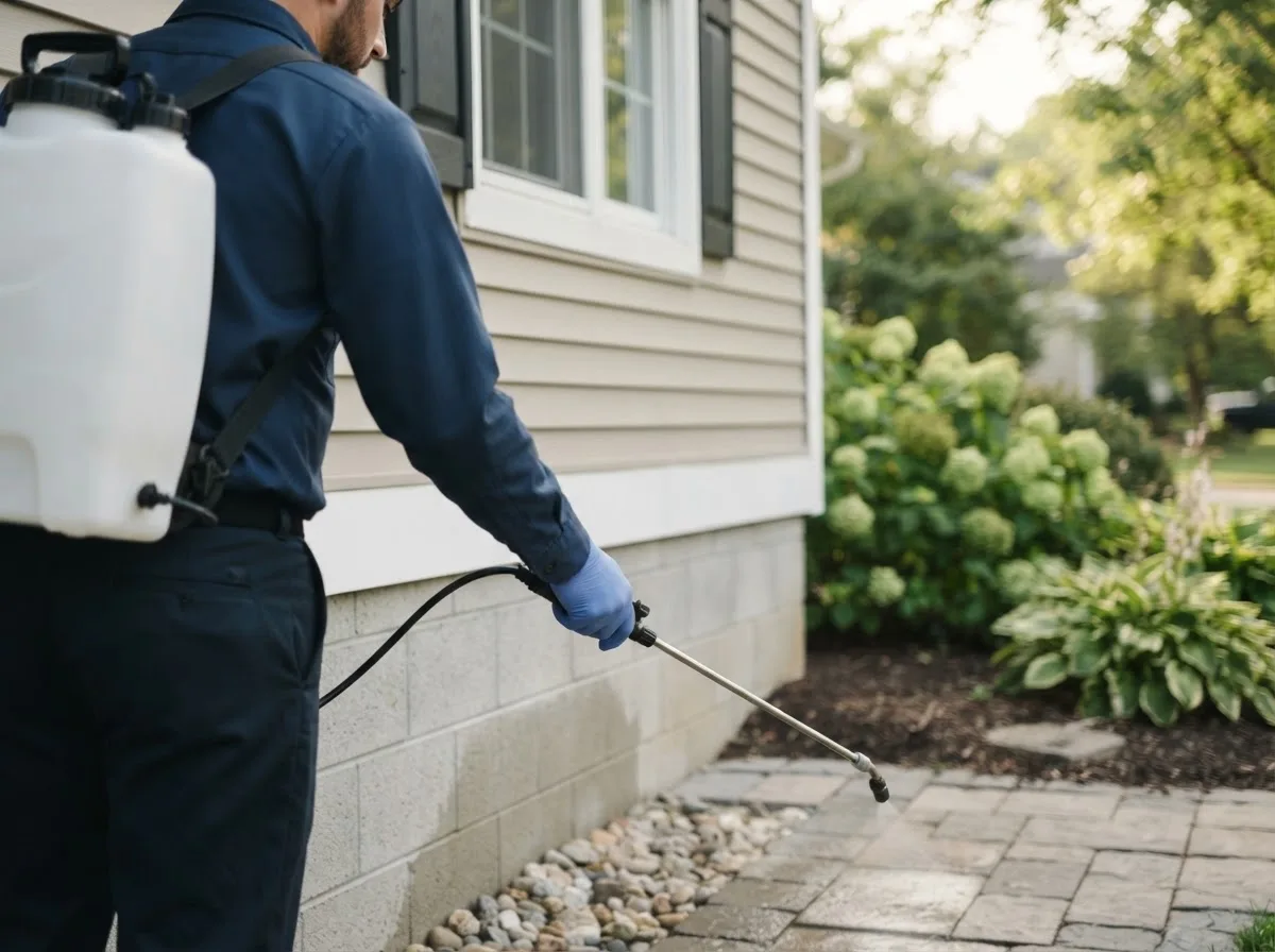 Pest control technician inspecting a home in Spring Valley, OH